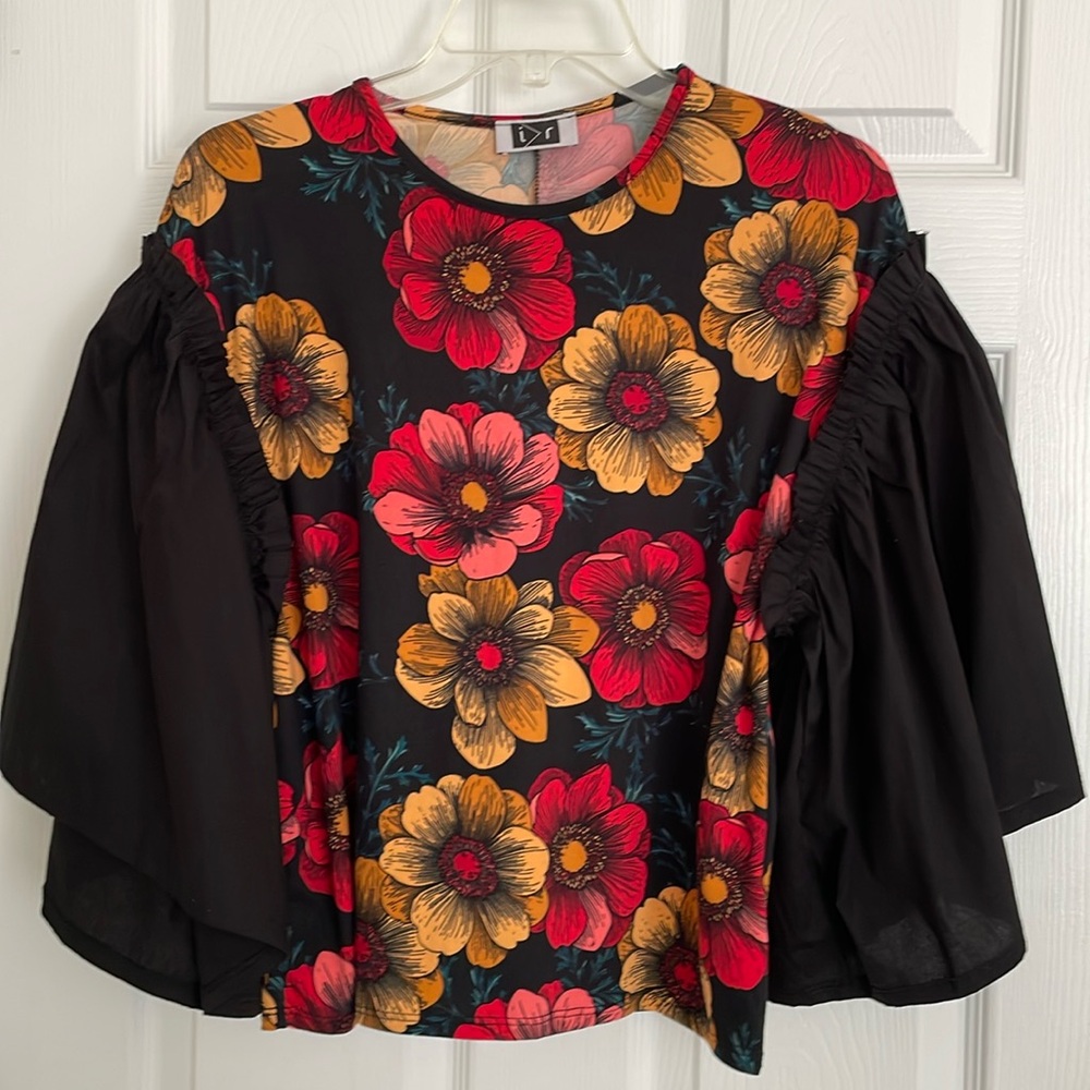 Floral Black Red and Yellow Blouse with Oversized Black Bell Sleeves.